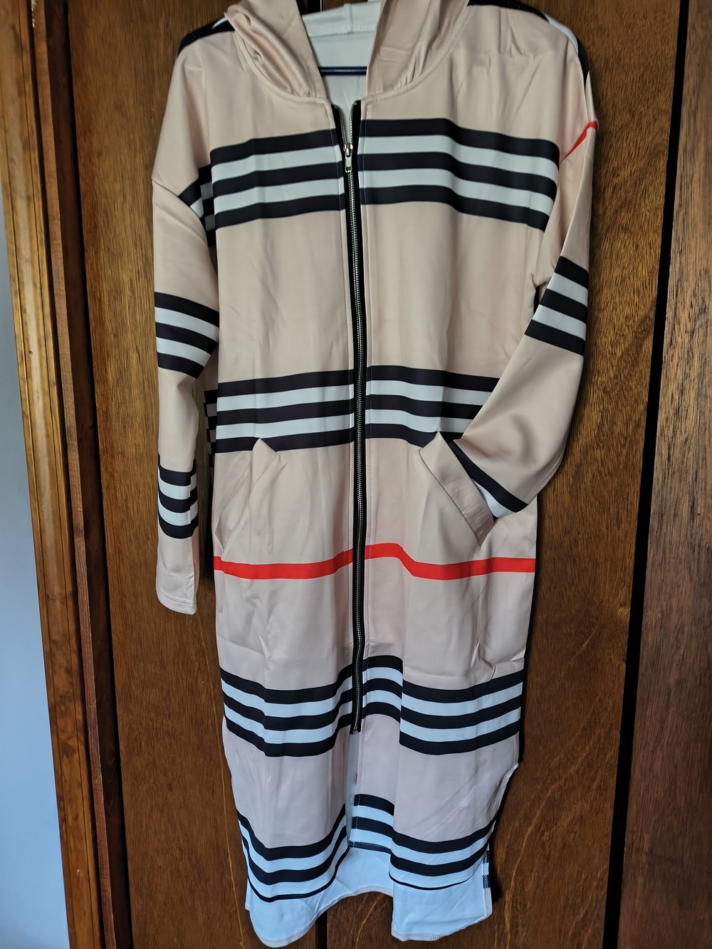 Long Beige Hooded Trench Coat with Black & Red Stripes